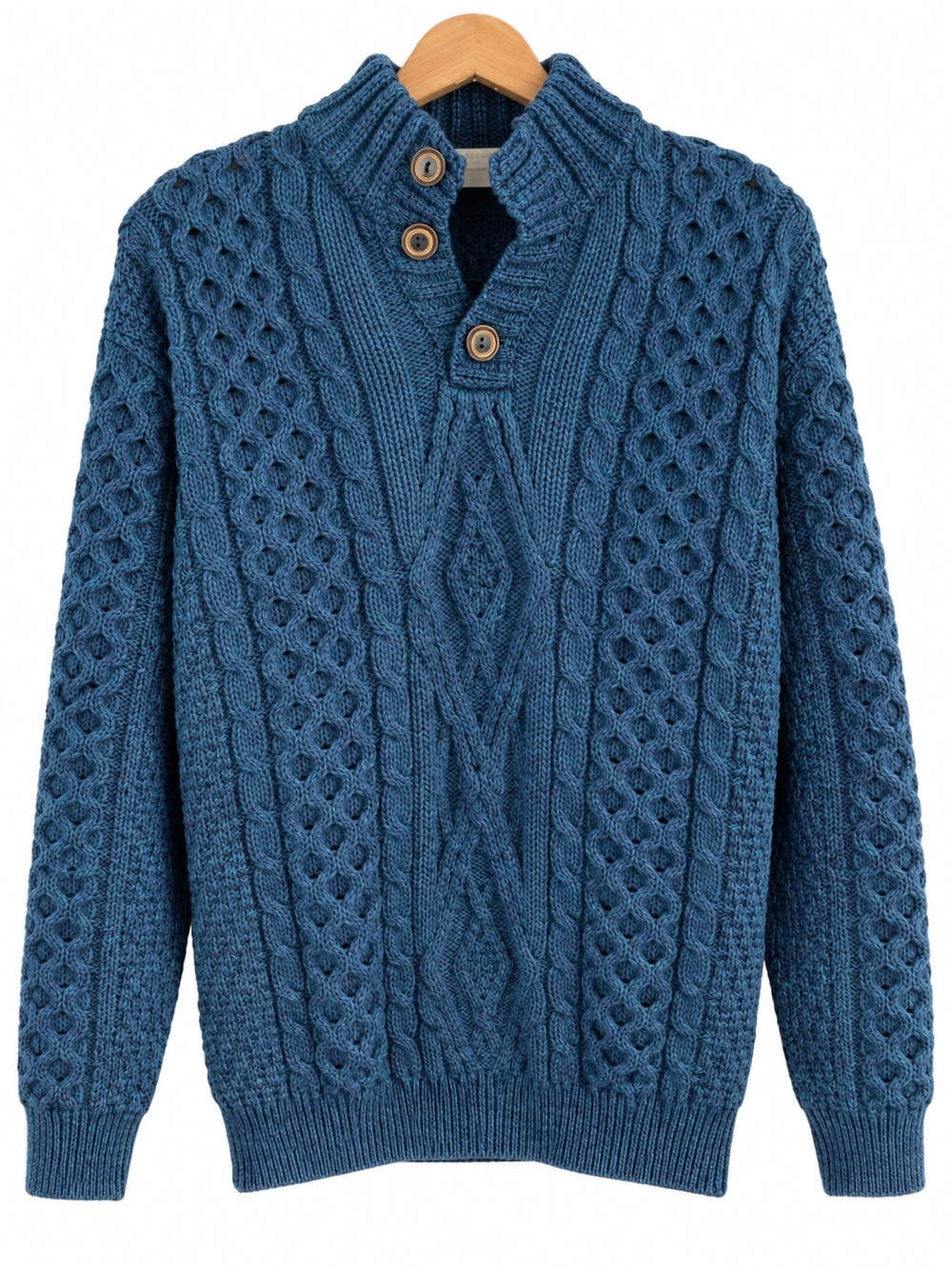 Ivory Merino Wool Cable Knit Crewneck 0975 Sweater teal blue buttons medium mens
